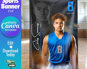 Puede incluir: Una pancarta deportiva en blanco y negro con un jugador de baloncesto que lleva una camiseta azul con el número 8. La pancarta tiene el nombre del jugador, "Carlos Simmons", y el texto "WESTVIEW PREP BASKETBALL 20XX". La pancarta también tiene el texto "8 CAPTAIN" en la esquina superior derecha.