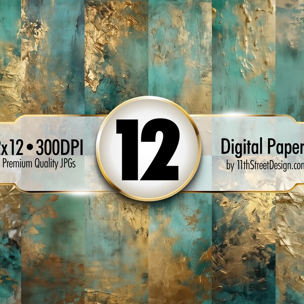 Exquisite Digital Papers • High Quality Printable Papers for Crafting, Decoupage, Scrapbooking & Junk Journal Projects • Teal Gold Foil