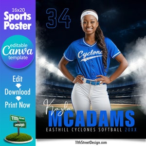 Softball Poster Canva Template, Design Your Own Custom Senior Softball Team Sports Posters in Canva, Softball Background, Stadium Lights