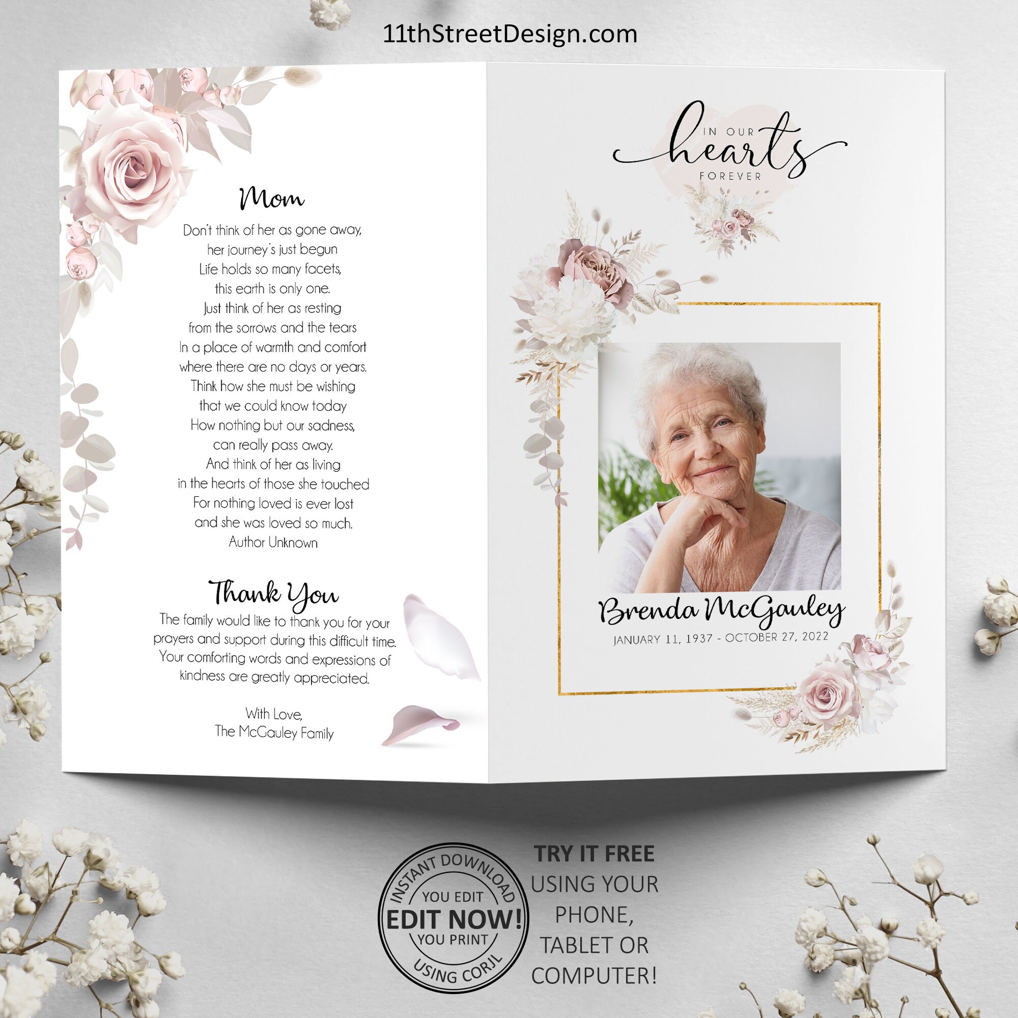 Funeral Program Template for Women, Obituary Template, In Loving Memory