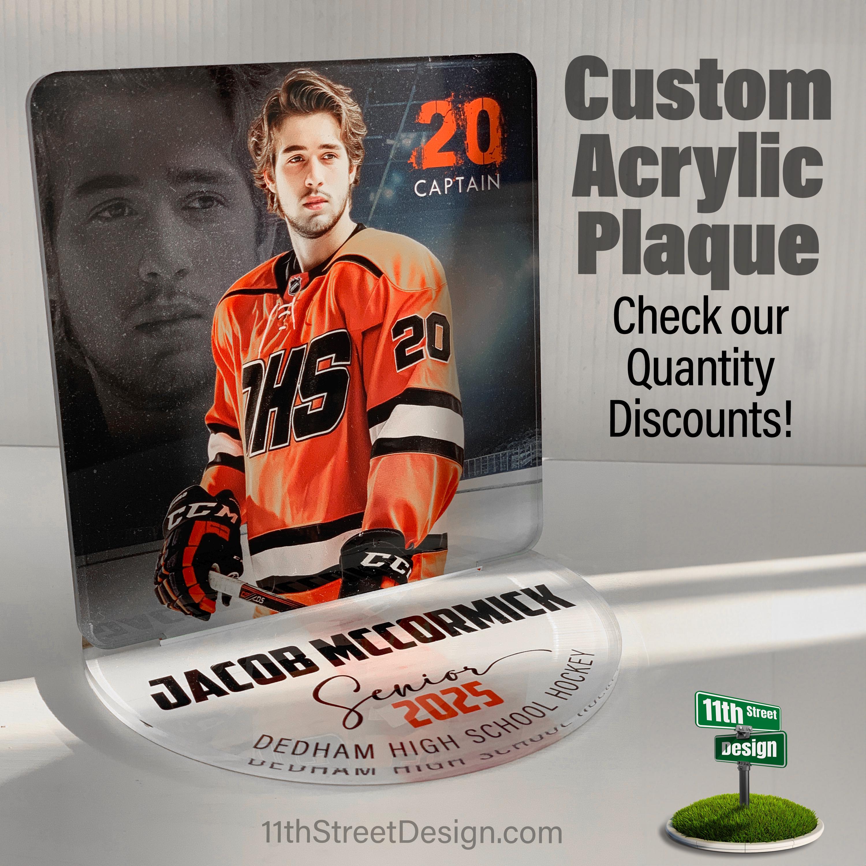 Trendy Hockey Senior Gift, Custom Acrylic Plaque with Photo & Personalized Base, Player Award, Unique Coach's Gift, Hockey Keepsake