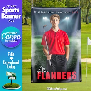 Golf Banner Canva Template, Design Your Own Custom Senior Golf Team Sports Banners in Canva, Golf Background, Stadium Lights