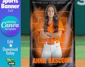 May include: A black and orange sports banner with a white outline of the number 22. A female athlete in a white and orange softball uniform is standing in front of the number. The banner reads "Westford High School Softball 20XX" and "Annie Bascomb - Senior - 11thStreetDesign.com".