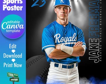 Plantilla de póster de béisbol de Canva, diseña tus propios pósters deportivos de equipos de béisbol sénior personalizados en Canva, fondo de béisbol, bajo las luces
