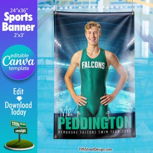 Swimming Banner Canva Template, Design Your Own Custom Senior Swim Team Sports Banners in Canva, Swimming Background, Stadium Lights