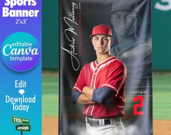 May include: A black and white sports banner featuring a baseball player in a red and white uniform. The banner displays the text "Andrew Mullaney" and "CRESTWOOD BANDITS BASEBALL 20XX". The player is wearing a red cap and has his arms crossed. The banner also includes the text "CAPTAIN" and the number "2".