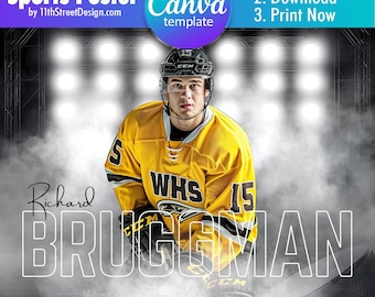 May include: A hockey player wearing a yellow and black jersey with the number 15 and the letters "WHS" on the front. The player is holding a hockey stick and is looking at the camera. The background is a black and white image of a hockey arena. The text "Richard BRUGMAN" is written in white letters on a black background. The text "WESTFORD HIGH SCHOOL HOCKEY 20XX" is written in white letters on a black background.