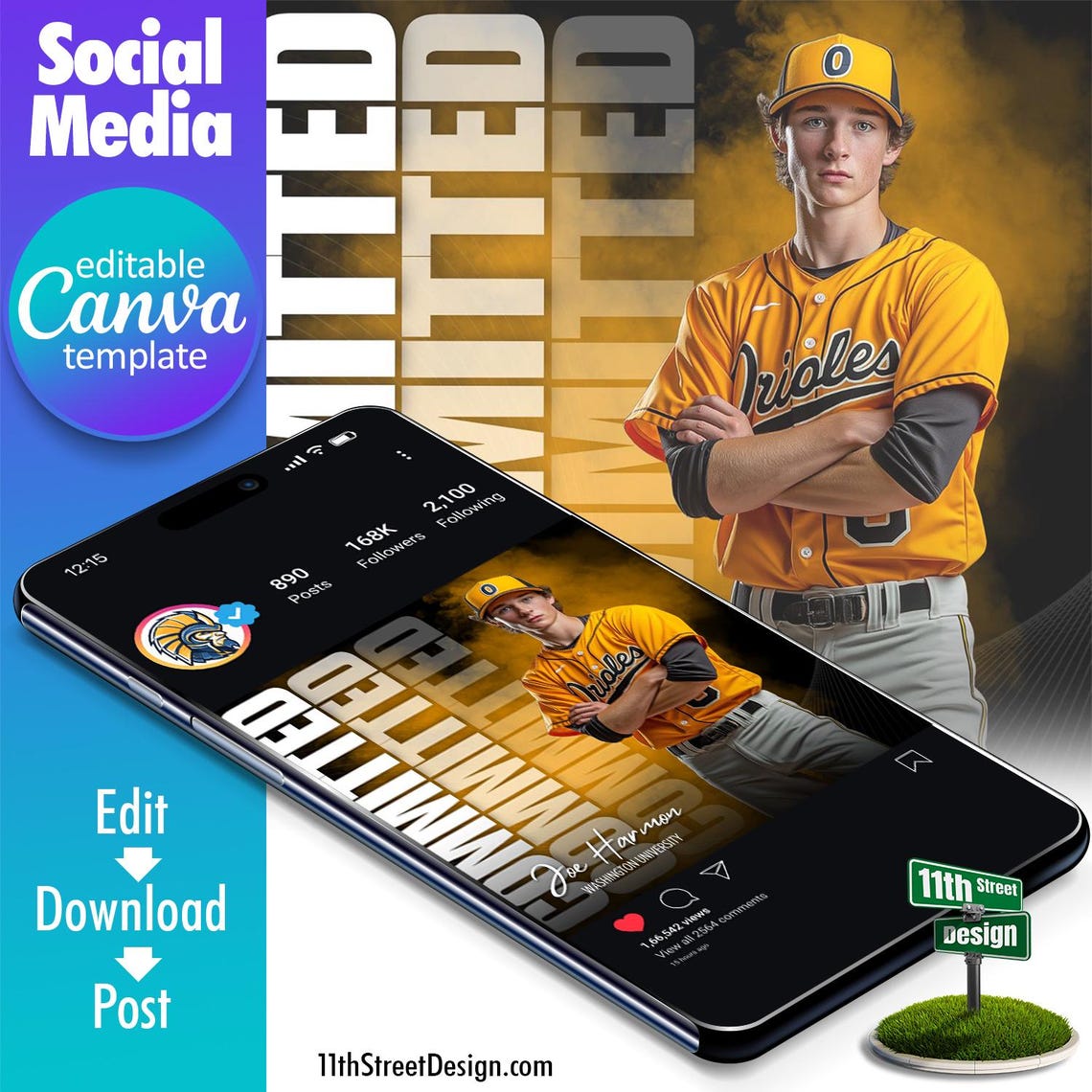 Baseball Committed Social Media Canva Template, Design Your Own Sports ...