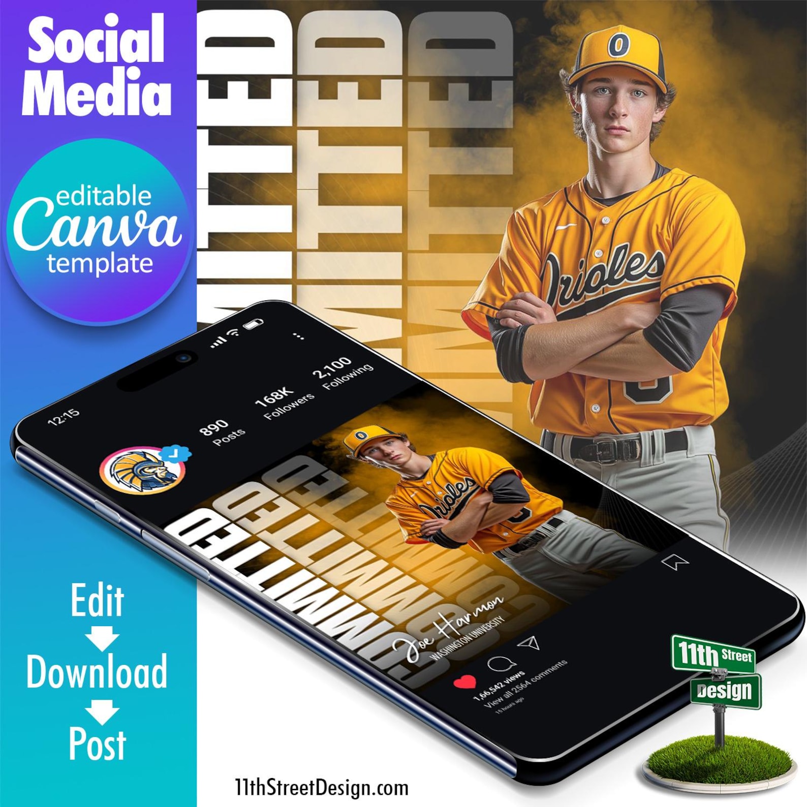 Baseball Committed Social Media Canva Template, Design Your Own Sports ...
