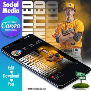 Può includere: Un modello di post sui social media per un giocatore di baseball. Il modello presenta uno schema di colori giallo e nero con il nome e il numero del giocatore. Il testo "Committed" è ripetuto in un grande dimensione del carattere. Il modello è progettato per essere utilizzato su Instagram o altre piattaforme di social media.