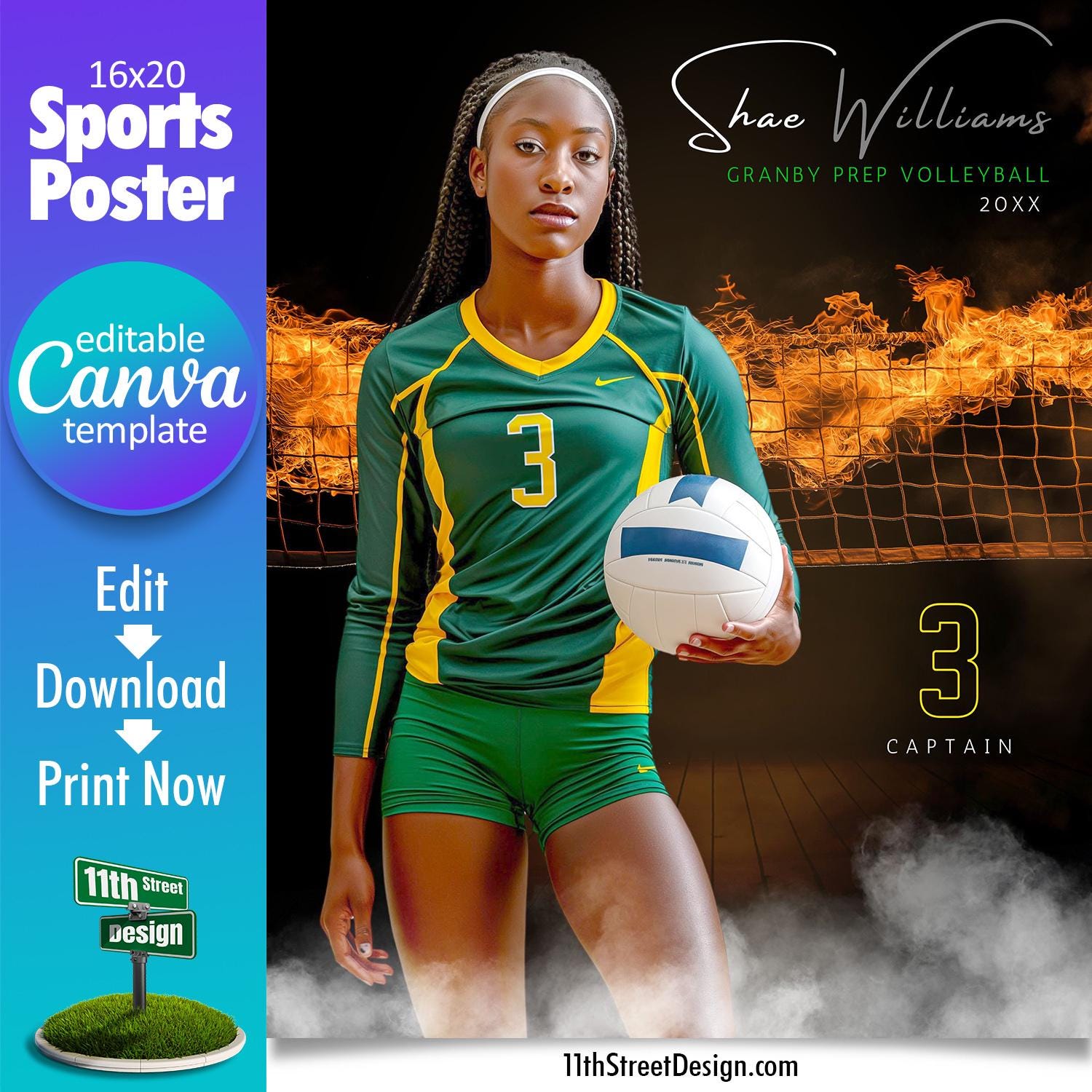 Volleyball Poster Canva Template, Design Your Own Custom Senior Volleyball Team Sports Posters in Canva, Up In Flames