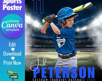 Plantilla de póster de béisbol de Canva, diseñe sus propios pósters deportivos de equipos de béisbol sénior personalizados en Canva, fondo de béisbol, luces de estadio