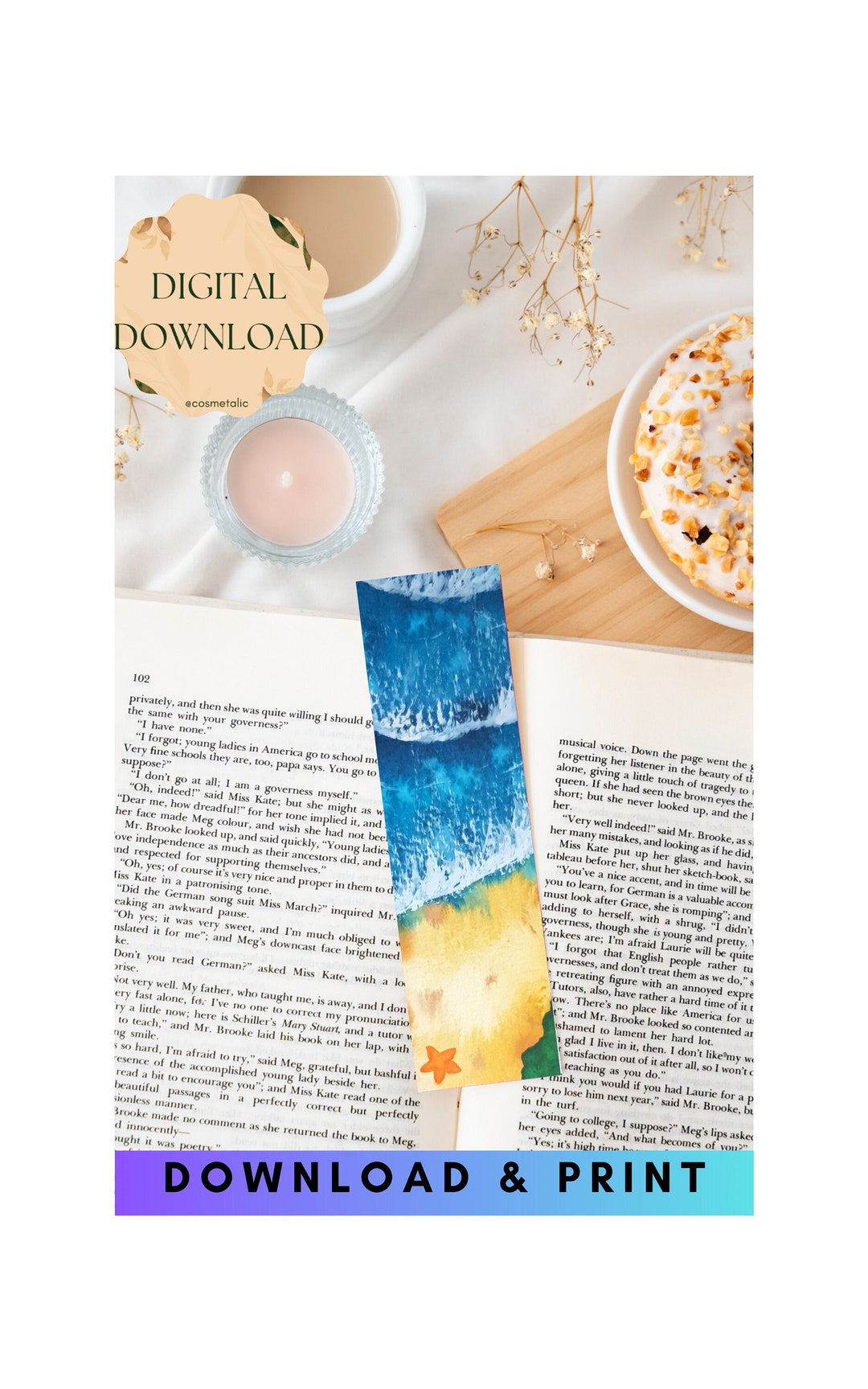 Sea Scape, Ocean Watercolor Printable Bookmark, Instant Download ...