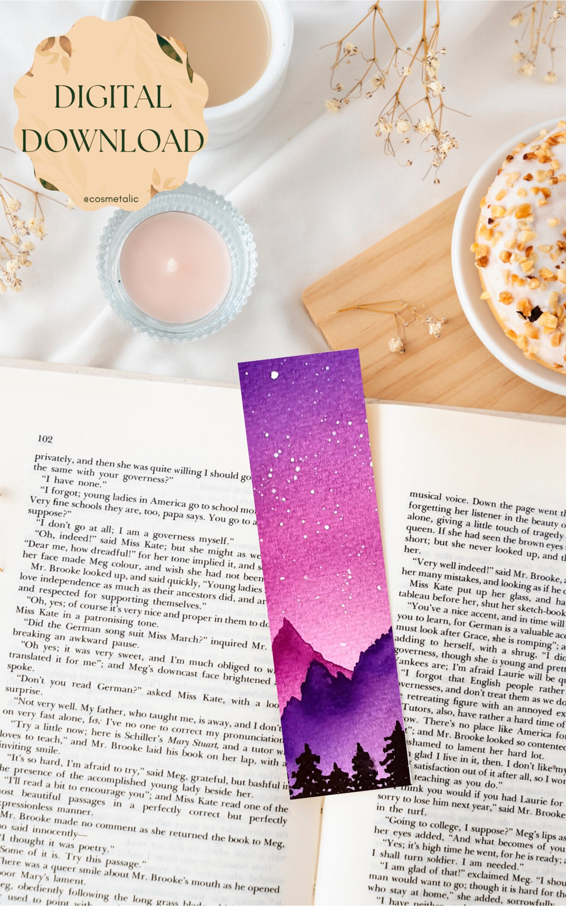Purple Mountain Watercolor Printable Bookmark, Instant Download