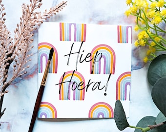 Hip hooray! Birthday card - A6 size Square greeting cards. Celebration rainbow watercolor painted illustration - Dutch