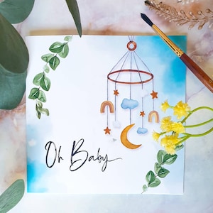 Carte de vœux Oh bébé - Illustration aquarelle mobile pour bébé | Carte d’annonce de naissance en crèche de taille A6 | Nouveau-né | Bienvenue bébé | Cosmétique