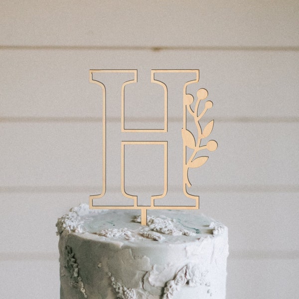 Floral Monogram Wood Cake Topper, Personalized Wedding Cake Topper, Script Letter Cake Topper, Rustic Wood Cake Topper, Wedding Cake Topper