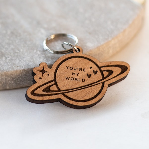 You're My World Planet Wood Keychain, Gift for Girlfriend, Gift for Wife, Gift for Husband, Eco-Friendly Gift, Stocking Stuffer