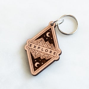Explore Mountains Wood Keychain, Camping Keychain Accessory, Mountain Keychain, Eco-friendly Keychain, Lanyard Keychain, Stocking Stuffer