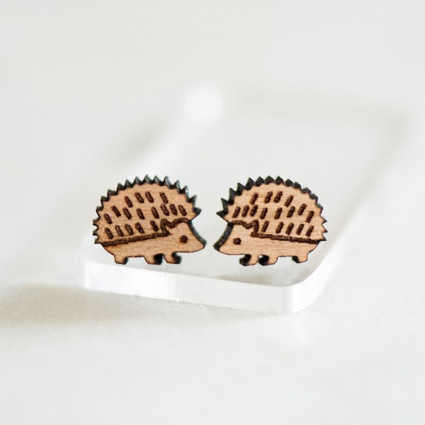 Hedgehog Wood Earrings, Cute Animal Wood Earrings, Nature Earrings, Cute Earring Studs, Women Wood Jewelry, Camping Earring Jewelry