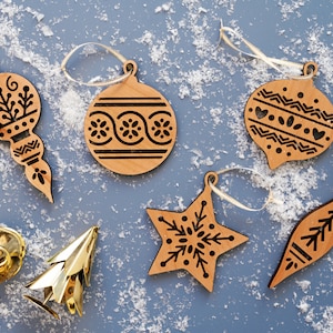 Set of Wood Folk Christmas Ornaments, Christmas Gift for Wife, Scandinavian Ornament, Folk Ornament, Wood Christmas Ornament