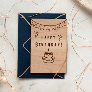 Cartão de aniversário de madeira, cartão de bolo de aniversário, cartão de aniversário de madeira, cartão de aniversário para mãe, cartão de aniversário de esposa, lindo, presente personalizado