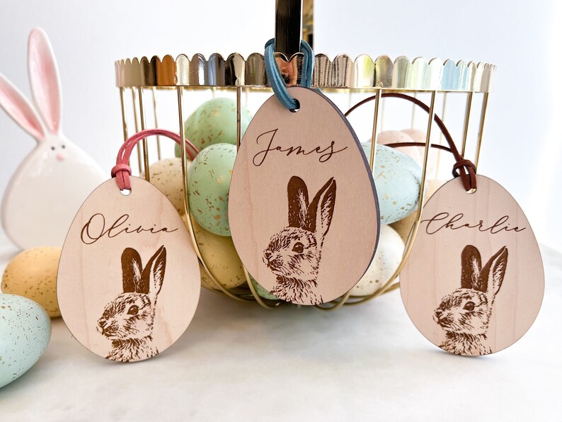 Personalized Easter Basket Tag, Custom Wood Easter Bag Tag, Wooden Easter Gift Tag, Easter Decor, Easter for Kids, Easter Bunny Tag image 2