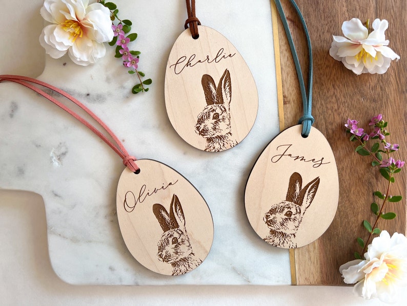 Personalized Easter Basket Tag, Custom Wood Easter Bag Tag, Wooden Easter Gift Tag, Easter Decor, Easter for Kids, Easter Bunny Tag image 1