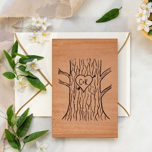 Tree Carved Initials Wood Card, Valentine's Day Card, Wood Anniversary Card, Valentine Card Wife, Custom Christmas Gift for Wife