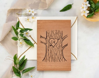 Tree Carved Initials Wood Card, Valentine's Day Card, Wood Anniversary Card, Valentine Card Wife, Custom Christmas Gift for Wife