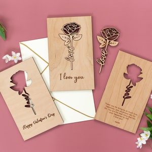 Rose Valentine's Day Wood Card, I Love You Valentine's Day Card, Wood Anniversary Card, Card for Wife, Personalized Gift, Engraved Gift