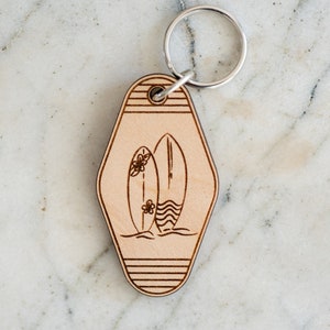Surfboard Wood Keychain, Surfing Keychain Accessory, Ocean Keychain, Eco-friendly Keychain, Gift for Surfer, Stocking Stuffer