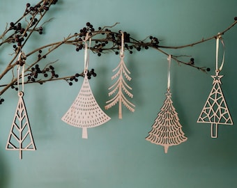 Set of Wood Tree Christmas Ornament, Christmas Gift for Wife, Scandinavian Ornament, Folk Ornament, Wood Christmas Ornament, Christmas Decor