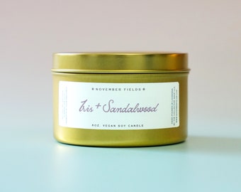 Vela de iris y sándalo - Vela con mecha de madera, vela floral, regalo de inauguración de la casa, vela perfumada, hecha a mano