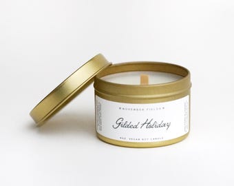 Vela de cera de soja dorada navideña - Vela con mecha de madera, regalo, vela perfumada, vertida a mano