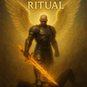 Könnte beinhalten: Illustration einer Figur in Rüstung mit einem flammenden Schwert, die über einem besiegten Dämon steht. Der Text "UNHEXING & UNCROSSING RITUAL" steht oben. Das Kunstwerk hat einen goldenen, ätherischen Schein.