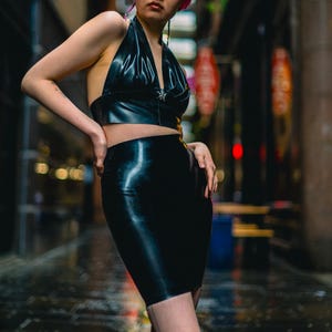 KHAOS (BLACK) Latex Pencil Knee-Length Skirt | Custom Made To Fit