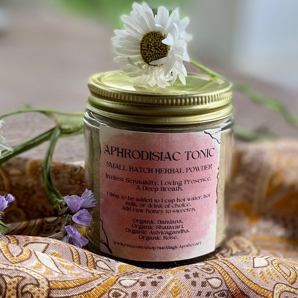 Aphrodisiac Tonic. invites peaceful, connected, presence. all gender organic herbal powder. Damiana, Rose, Shatavari, Ashwagandha.