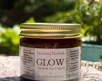 Glow Organic Botanical Face Moisturizer Cream, Local Asheville Grass Fed and Finished Tallow, Helichrysum, Rosehip, Rosemary, Frankincense,