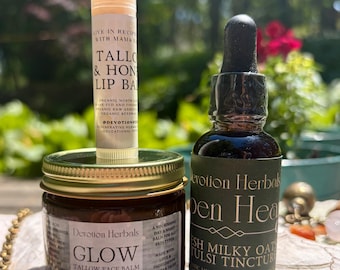 Devotion Bundle - Glow Tallow Botanical Face Balm, Tallow Honey Lip Balm, Open Heart Tincture with Fresh Milky Oats & Tulsi, Organic, Local