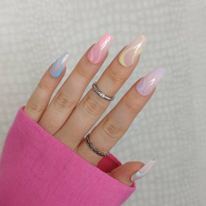 Press on Nails, pastel swirl gradient, Almond Coffin, Long Short, UK False Nails, Pink blue purple, Spring, abstract rainbow, luxury, wave