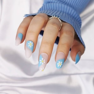 Press on Nails, blue swirl daisy, Almond Coffin, pastel flower floral, easter spring, long short, false glue nails, UK Gift image 1