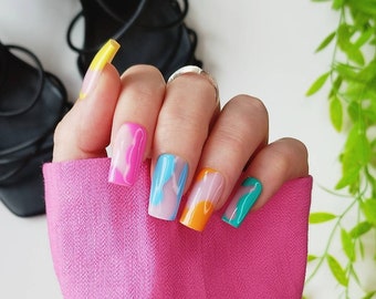 Rainbow Swirl Press on False Nails - *FREE ITEMS* - Almond Coffin Stiletto Square - Long Short Gloss Matt - UK Gift Her - multi colour lines