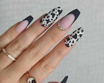 Cow Print Press on Nails, Animal Black French Tip, Custom Handmade, Almond Coffin Stiletto Square, Gem Stone Diamond, Autumn Fall False Nail