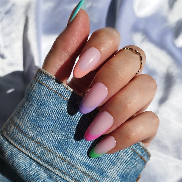 Press on Nails, Gradient French Tips, Almond Coffin Stiletto Square, Summer Bright, Y2K 90s, Abstract Funky, Pink Purple Orange Green Blue