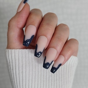 Swirl Press on Nails, Custom Handmade, Dark Blue Navy Silver Chrome, Star Moon Celestial Nails, Almond Coffin Stiletto, Autumn Fall Nails,