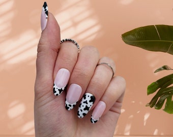 Appuyez sur les faux ongles, Moody, Cow Animal Print French Tip, Almond Coffin Stiletto Square, Long Short Gloss Matt, UK, Monochrome Frenchies