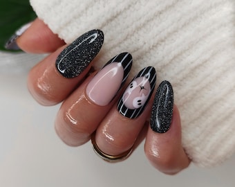 Pinstripe Ghost Press on Nails, Halloween Glitter French Tip False Nails