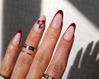 Valentines Press on Nails, Cherry Love Heart French Tip, Burgundy Dark Red Nude, Almond Coffin Stiletto Square, Long Short Gloss Matt