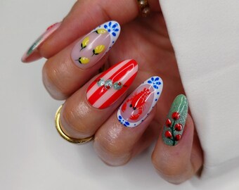 Italian Lemon Lobster Press on Nails, Euro Summer Stripe Olive Holiday Nail
